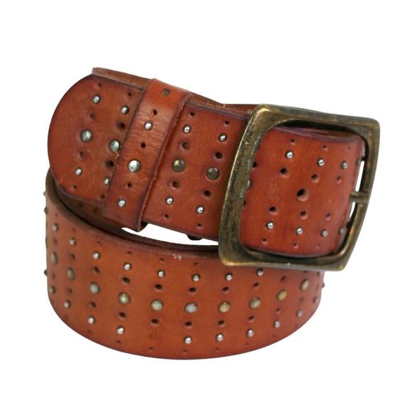 PERFORATED BROWN REAL LEATHER 1 5/8"Wd STUDS CASUAL DRESS WOMEN'S BELT Sz S (F34 - Picture 6 of 12